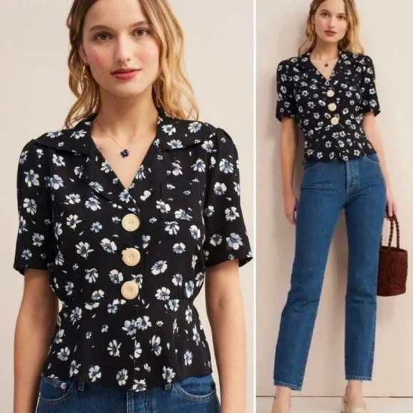 Rouje Paris Jose Floral Blouse Tops Navy Blue White Size 38 US 6 - Picture 1 of 7